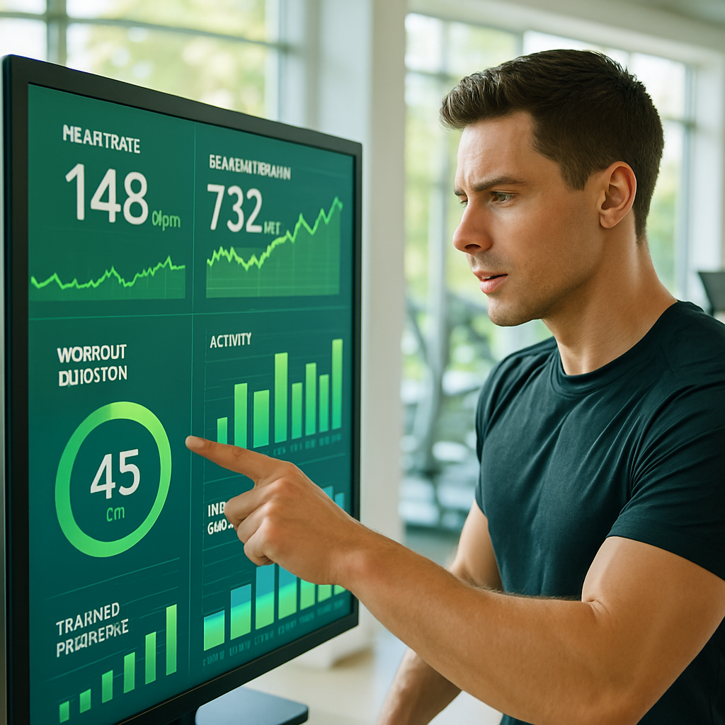 Imagine a sleek modern fitness dashboard displayed on a large touchscreen showcasing vibrant graphs and charts that track various health metrics like